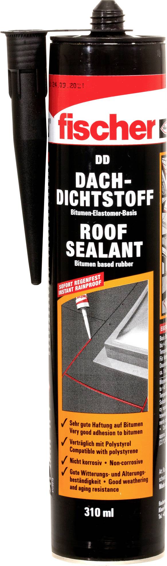 Kartusche mit Dach-Dichtstoff 'fischer DD', 310 ml. Anwendungshinweise und Beschreibung auf Deutsch und Englisch abgebildet.