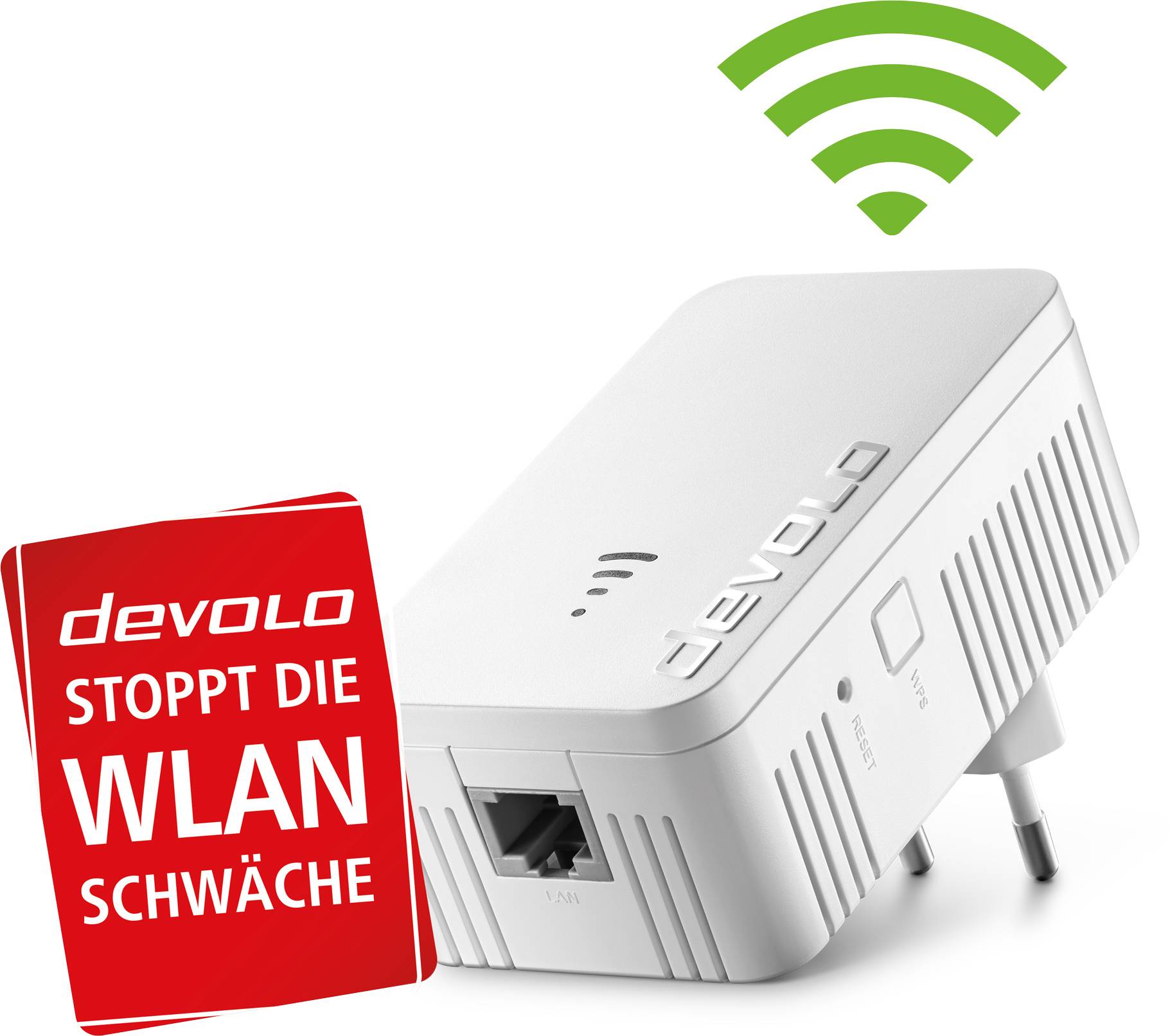 Ein weißer WLAN-Verstärker von Devolo mit einem grünen WLAN-Symbol oben. Ein rotes Schild sagt 'Devolo stoppt die WLAN-Schwäche'.