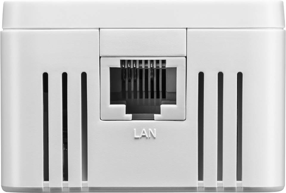 Weiße LAN-Buchse mit Ethernet-Anschluss in der Mitte, umgeben von Lüftungsschlitzen.
