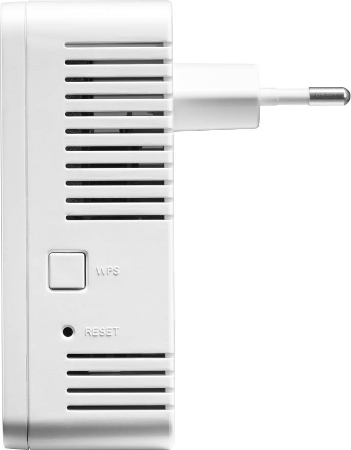 Ein weißer WLAN-Repeater mit EU-Stecker, WPS-Taste und Reset-Taste, verwendet zur Erweiterung des drahtlosen Netzwerksignals.