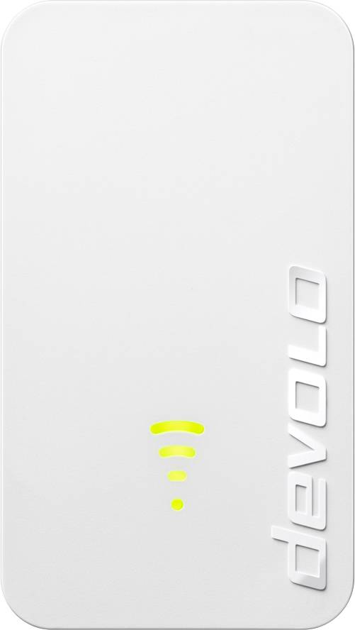 Ein weißer WLAN-Repeater mit dem Markennamen 'devolo' und einem leuchtenden gelben WLAN-Symbol auf der Vorderseite.