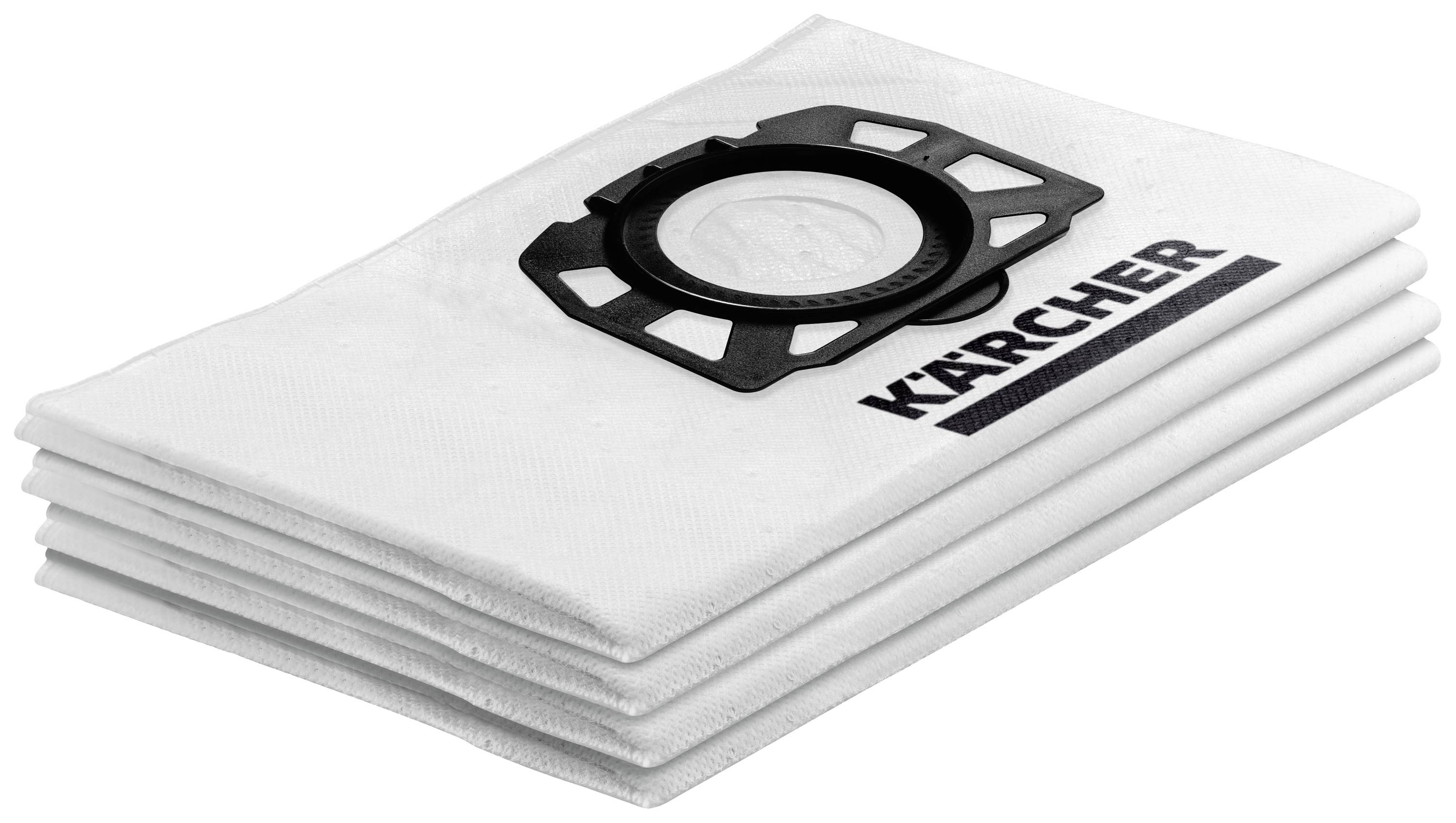 Weißer Staubsaugerbeutel mit schwarzem Plastikverschluss, gestapelt und mit 'Kärcher'-Logo versehen.