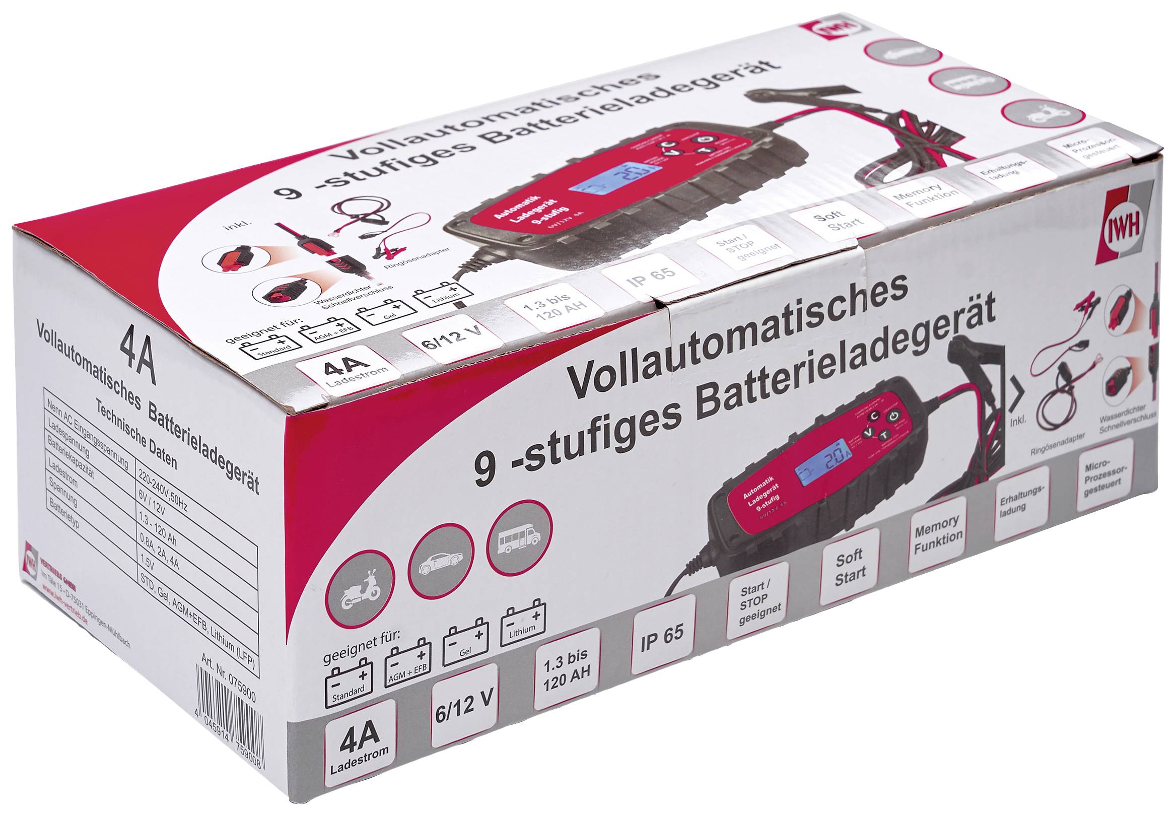 Vollautomatisches 9-stufiges Batterieladegerät in Verpackung mit technischen Details und Abbildungen des Ladegeräts.