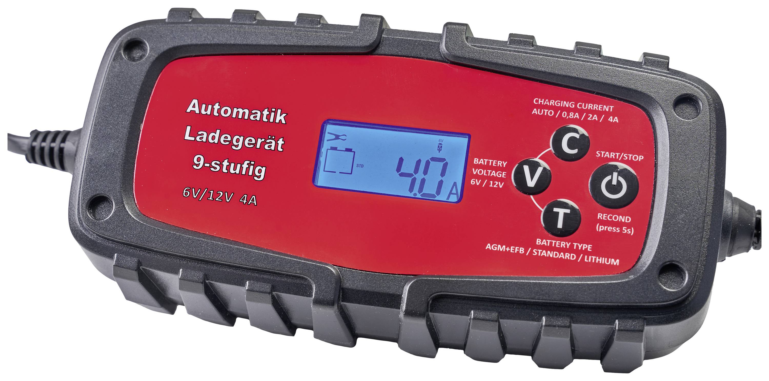 Ein automatisches Ladegerät mit digitalem Display. Zeigt Batteriestatus an, geeignet für 6V/12V Batterien. Enthält Moduswahl.