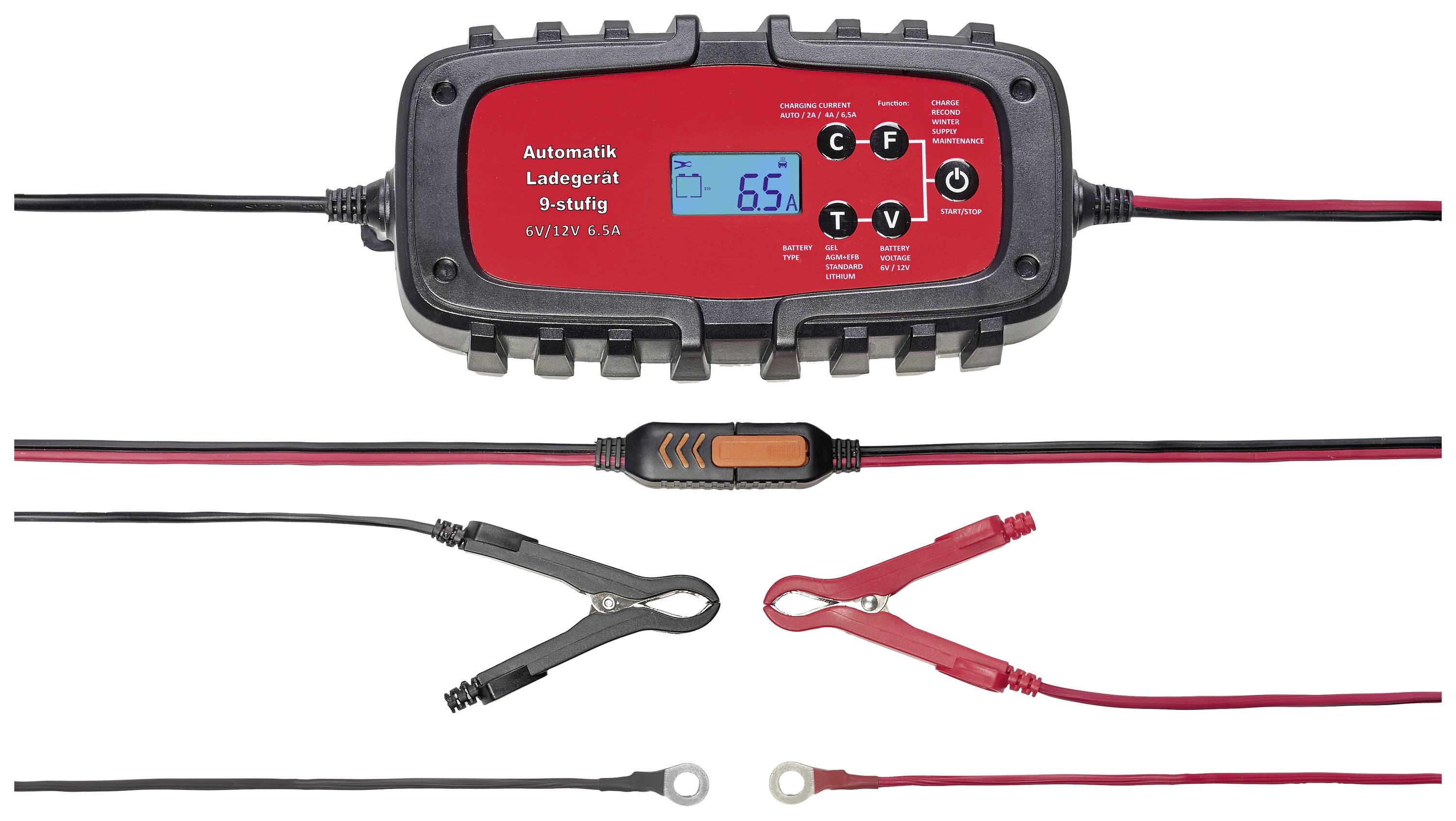 Batterieladegerät mit digitaler Anzeige. Zeigt 6,5 Volt an. Rote und schwarze Klemmen mit Kabeln, geeignet zum Laden von Autobatterien.