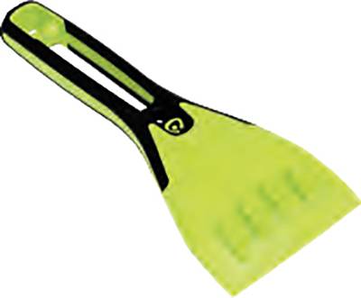 Ein grüner Eiskratzer mit schwarzem Griff, nützlich zum Entfernen von Eis und Schnee von Autofenstern.