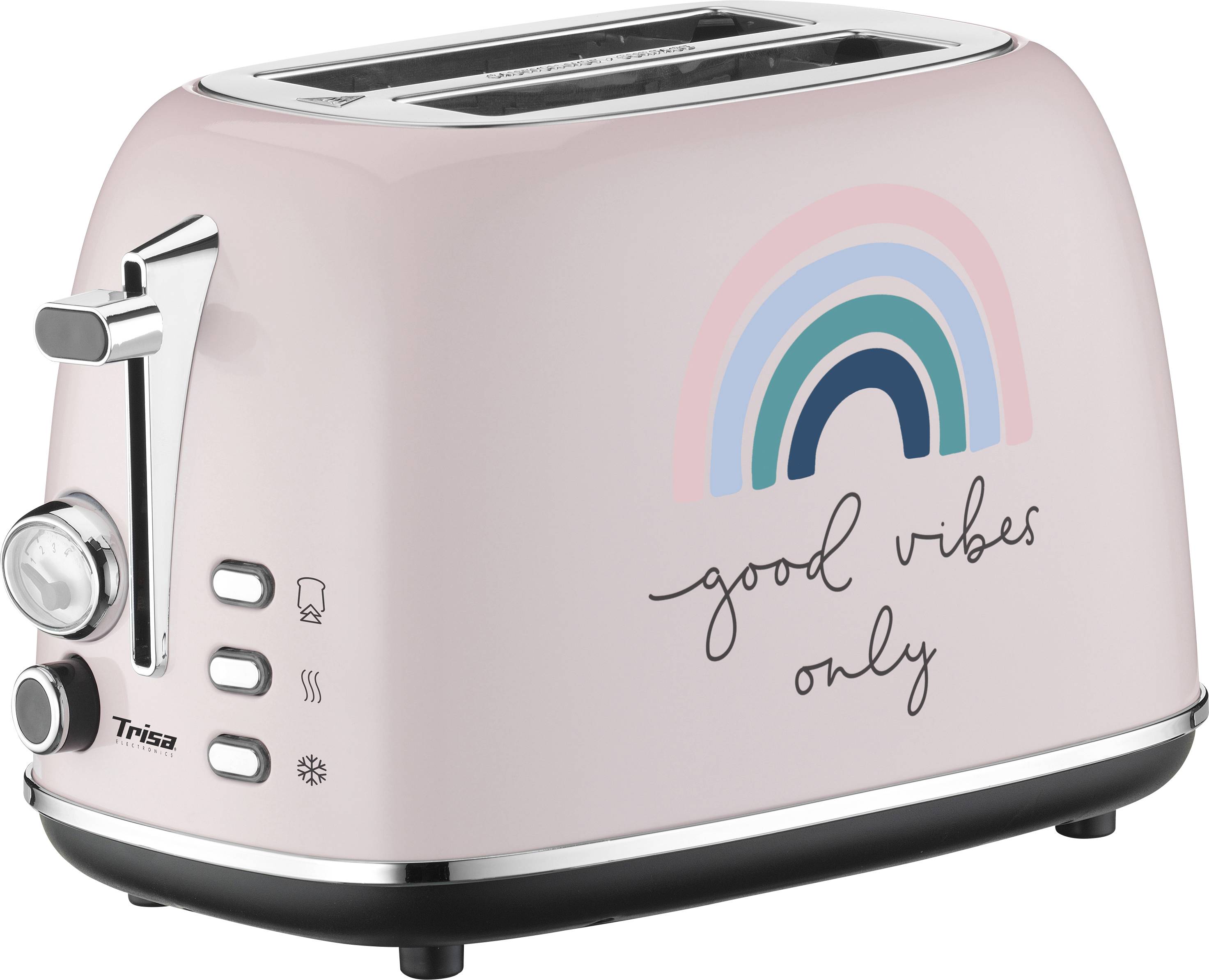 Rosa Toaster mit Regenbogenmotiv und dem Text 'good vibes only'. Heizstufenregler und Steuerknöpfe an der Seite.