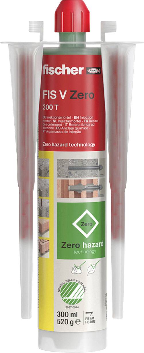 Kartusche mit rotem Deckel und grünem 'Zero hazard technology'-Logo. Enthält 'FIS V Zero 300 T' Injektionsmörtel von fischer für Befestigungen.