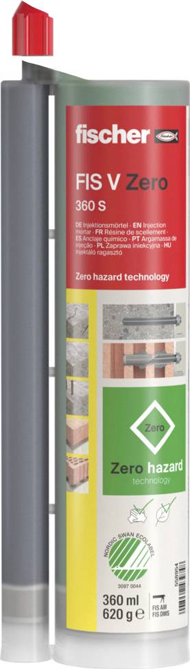 Patrone mit Aufschrift 'fischer FIS V Zero 360 S'. Abbildung zeigt Anwendung am Mauerwerk. Hinweis auf 'Zero hazard technology'.