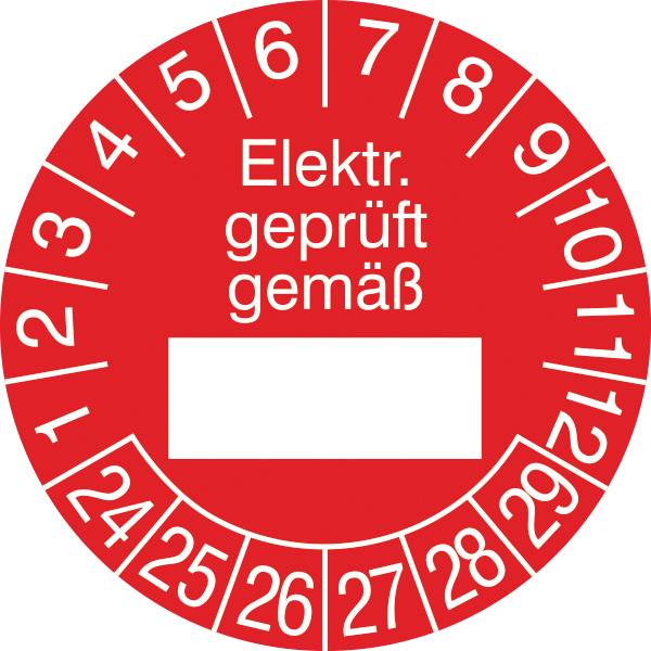SafetyMarking 30.0799.24-29 Prüfplakette Elektrisch geprüft gemäß 2024-2029 Rot/Weiß Folie selbstklebend (Ø) 2.5cm 2.5cm 15St.