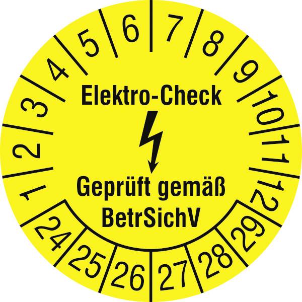 SafetyMarking 30.C3100.24-29 Prüfplakette Elektro-Check - Geprüft gemäß BetrSichV 2024-2029 Gelb/Schwarz Folie selbstklebend (Ø)