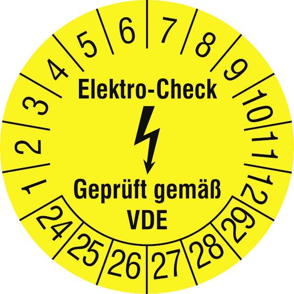 SafetyMarking 30.C3110.24-29 Prüfplakette Elektro-Check - Geprüft gemäß BetrSichV 2024-2029 Gelb/Schwarz Folie selbstklebend (Ø)