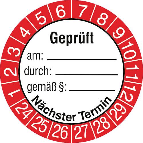 SafetyMarking 30.3697.24-29 Prüfplakette Geprüft am / durch / gemäß § / nächster Termin 2024-20