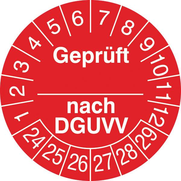 SafetyMarking 30.C2120.24-29 Prüfplakette Geprüft nach ...DGUVV 2024-2029 Rot/Weiß Folie selbstklebend (Ø) 3cm 3cm 15St.