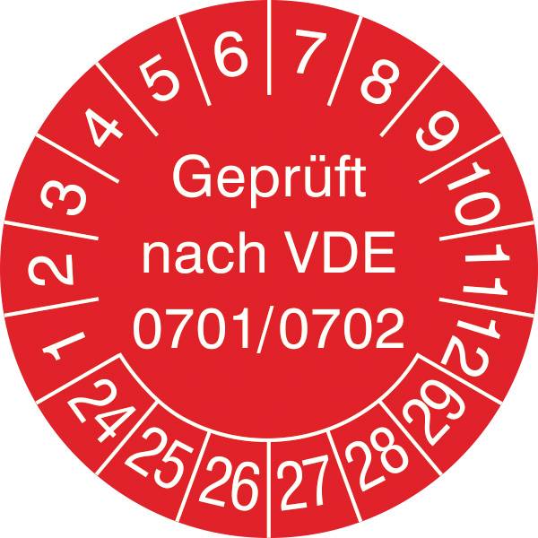 SafetyMarking 30.3713.24-29 Prüfplakette Geprüft nach VDE 0701/0702 2024-2029 Rot/Weiß Folie selbstklebend (Ø) 3cm 3cm 15St.