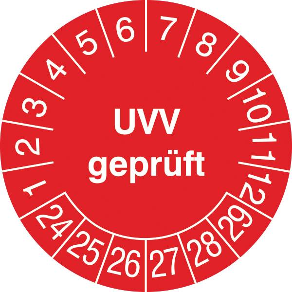 SafetyMarking 30.0794.24-29 Kabelprüfplakette UVV geprüft 2024-2029 Rot/Weiß Folie selbstklebend (Ø) 2cm 2cm 28St.