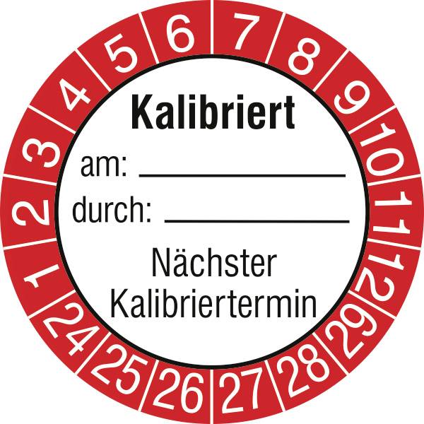 SafetyMarking 30.0826.24-29 Prüfplakette Kalibriert am: durch: Nächster Kalibriertermin 2024-2029 Weiß-Rot, Schwarz/Weiß Folie