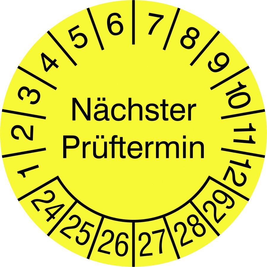 SafetyMarking 21.3733.24-29 Prüfplakette Nächster Prüftermin 2024-2029 Gelb-Schwarz Folie selbstklebend (Ø) 10 cm 10 cm 1 St.