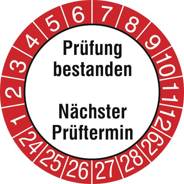 SafetyMarking 30.0824.24-29 Prüfplakette Prüfung bestanden, Nächster Prüftermin 2024-2029 Weiß-Rot, Schwarz/Weiß Folie