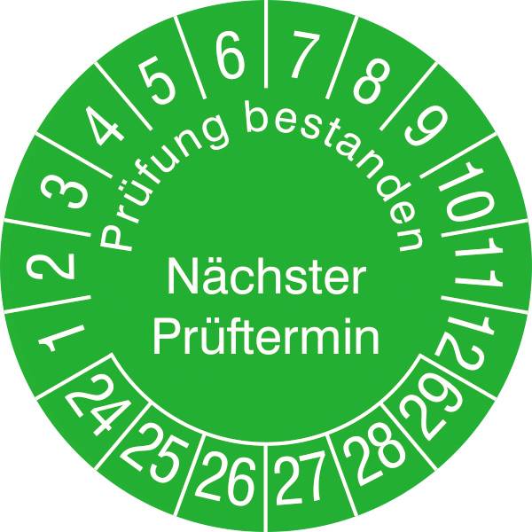 SafetyMarking 31.3729.24-29 Prüfplakette Prüfung bestanden, Nächster Prüftermin 2024-2029 Grün, Weiß Folie selbstklebend (Ø) 3cm