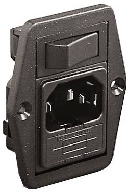 Ein schwarzes rechteckiges Stromeingangsmodul mit einem Wippschalter, konzipiert zur Panelmontage.