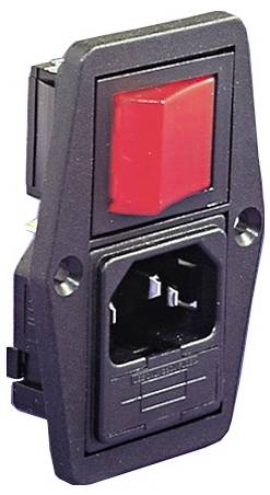 Ein schwarzer rechteckiger Stromschalter mit rotem Kippschalter, ausgestattet mit eingebautem C14-Stromanschluss. Geeignet für elektrische Geräte.