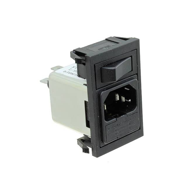 Ein rechteckiger schwarzer Geräteschalter mit einer integrierten Steckdose und einem Sicherungshalter, geeignet für elektronische Geräte.