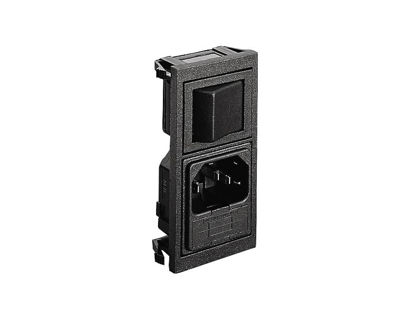 Ein schwarzer Geräteschalter mit integrierter Sicherungshalterung und Kaltgeräteanschluss, verwendbar für Elektrogeräte.
