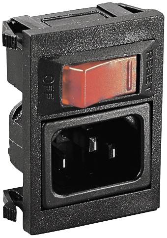 Ein schwarzer Netzschalter mit rotem Kippschalter und integriertem Steckdoseneingang, geeignet für elektronische Geräte.