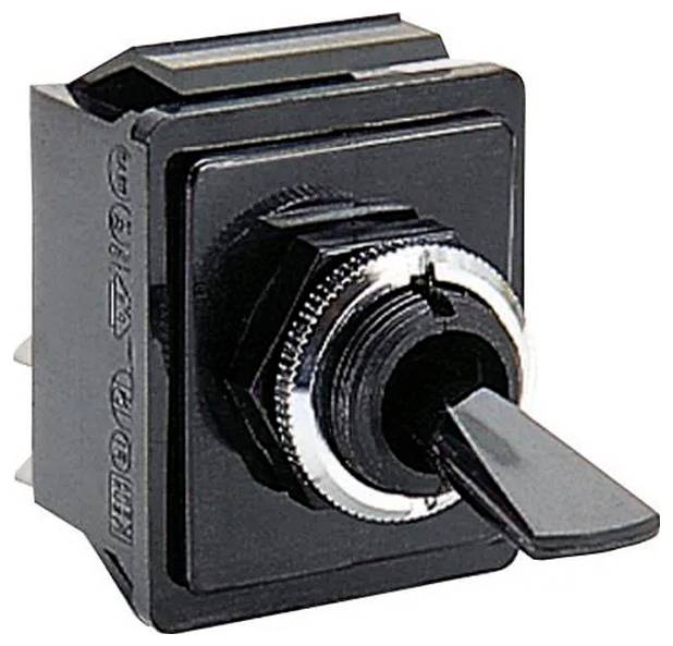 Ein schwarzer Kippschalter mit rechteckigem Körper und einem Hebel zum Aktivieren oder Deaktivieren eines Geräts, von einer Dreiviertelperspektive gezeigt.