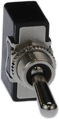 A metal toggle switch with a black casing and a lever in the 'off' position.