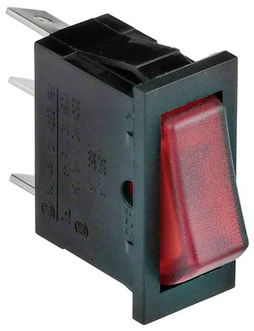Ein roter Wippschalter mit rechteckigem Gehäuse und drei Metallstiften, entwickelt für die Steuerung von Elektrogeräten.