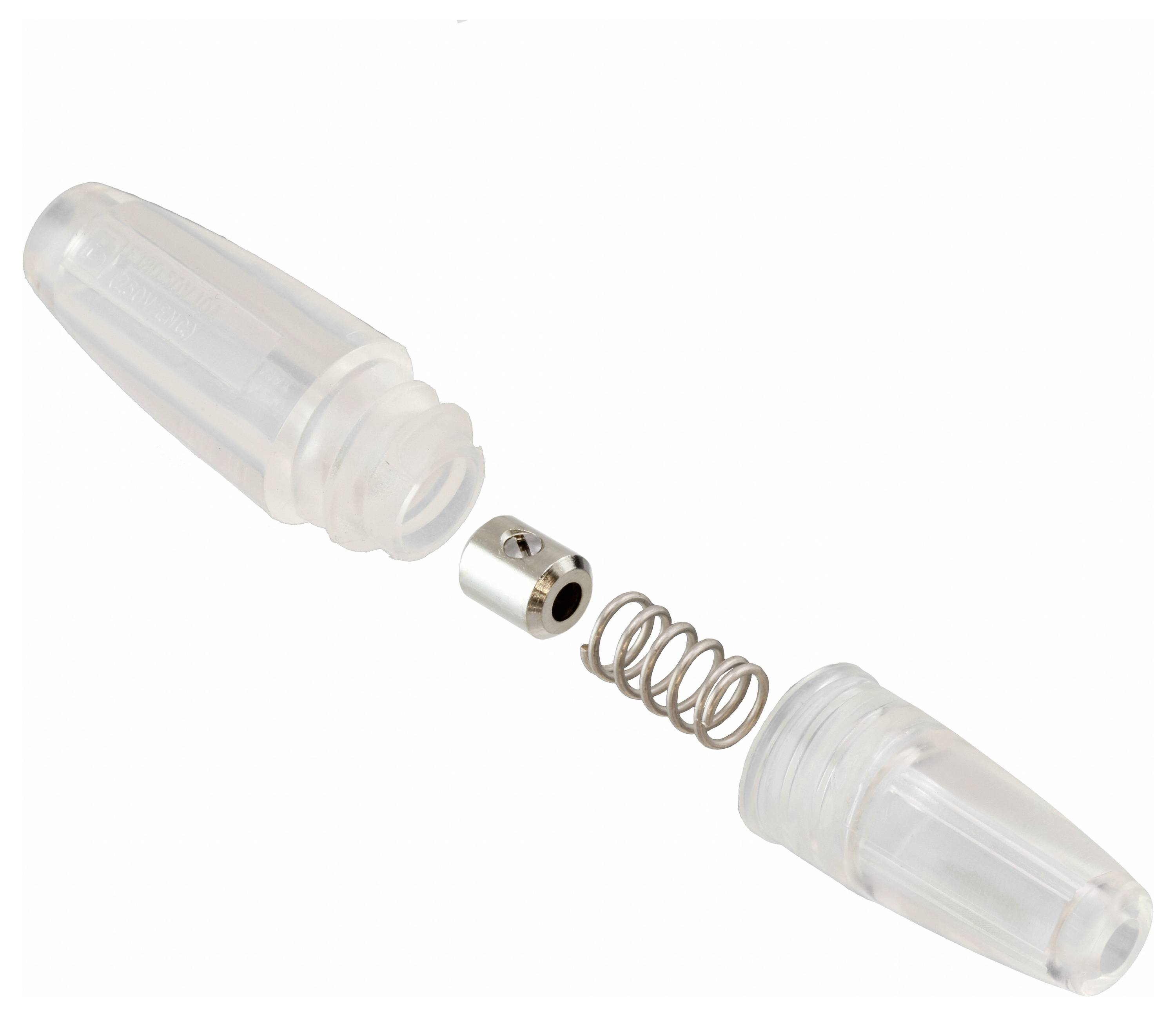 Zwei transparente Kunststoffstiftmützen, eine mit einer Metallfeder und einem zylindrischen Teil dazwischen, was auf eine Montage oder Reparatur hindeutet.