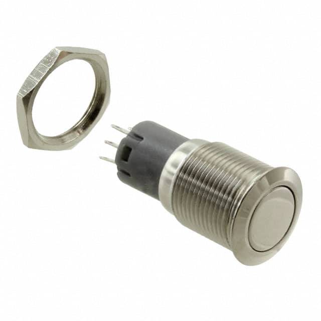Gleichstrom-Tastschalter mit metallischem Gehäuse und vier Anschlüssen, abgenommenem Schraubring zur Befestigung.