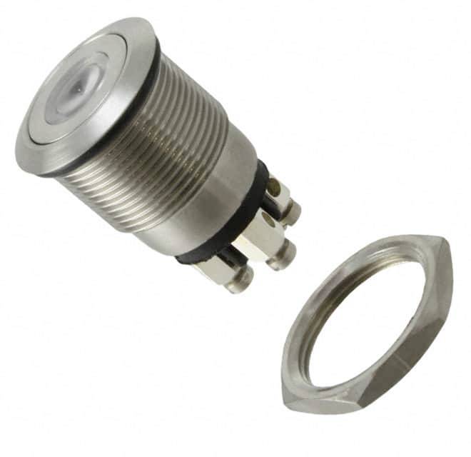 Ein runder, silberner Edelstahl-Druckknopf mit mehreren Anschlüssen und einer runden Sechskantmutter daneben.