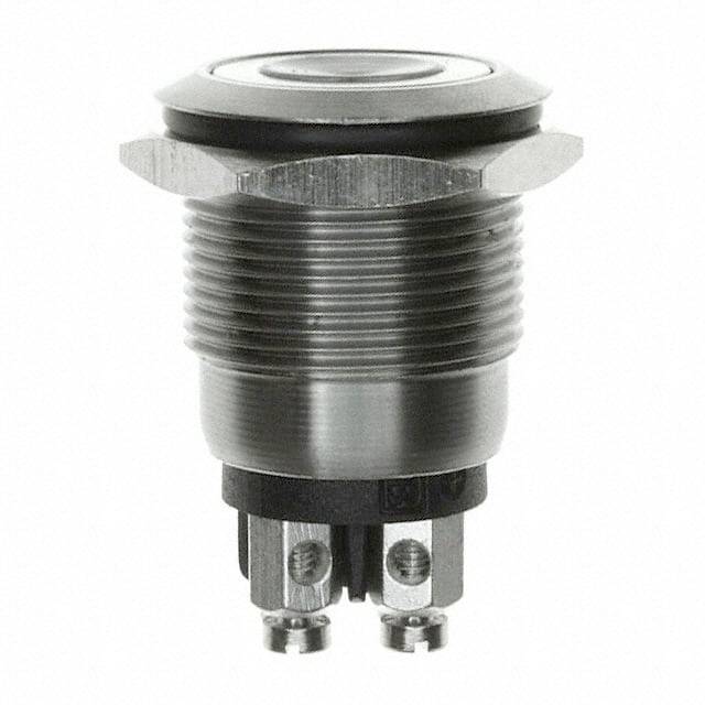 Ein silberner Metallknopf mit Gewinde und zwei elektrischen Anschlusspolen, geeignet für Anwendungen in elektronischen Geräten.