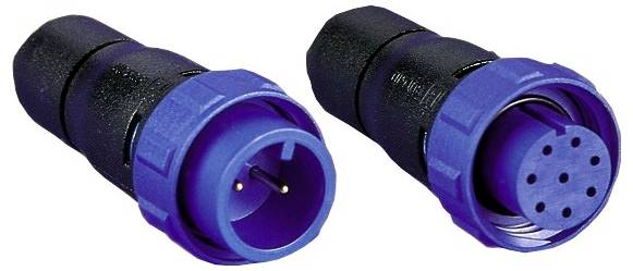 Zwei blau und schwarz gefärbte runde Stecker, einer mit zwei Stiften und der andere mit mehreren Löchern, die männliche und weibliche Enden zeigen.