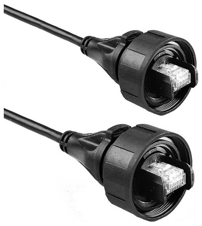 Zwei wasserdichte Ethernet-Kabel mit RJ45-Steckern und Schutzkappen, auf weißem Hintergrund dargestellt.