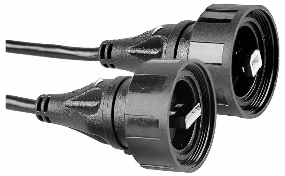 Nahaufnahme von zwei schwarzen Gartenschlauch-Verbindern mit gerippten Griffen und Sicherungsclips, konzipiert für sichere Befestigung und Wasserdurchfluss.