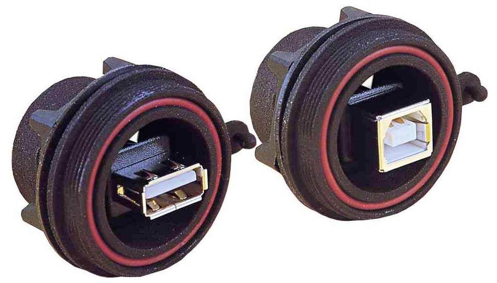 Ein schwarzer abgewinkelter Stecker mit Kabel, mit einem metallischen Gewinde-Ende und vier kreisförmigen Buchsen auf einer Seite.