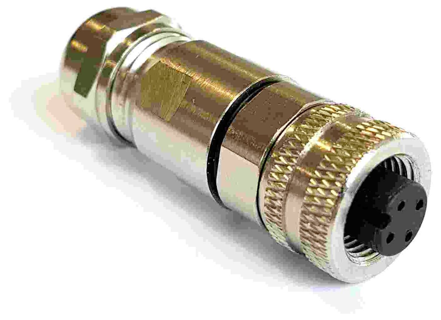 Ein rundes Metallverbindungsstück mit einem Gewinde ende und vier sichtbaren Stiften, das zur Herstellung elektronischer oder elektrischer Verbindungen verwendet wird.