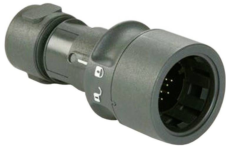 Eine Nahaufnahme eines schwarzen Elektrosteckers mit mehreren Kontaktstiften im Inneren, der zur Signalübertragung in einem Elektrosystem verwendet wird.