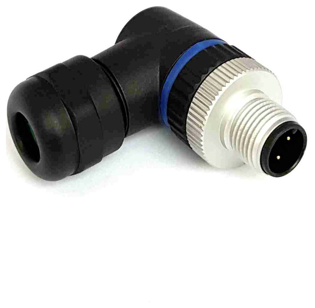 Winkelstecker mit schwarzem Gehäuse und metallischer Schraubkappe, konzipiert für sichere Kabelverbindungen in technischen Aufbauten.