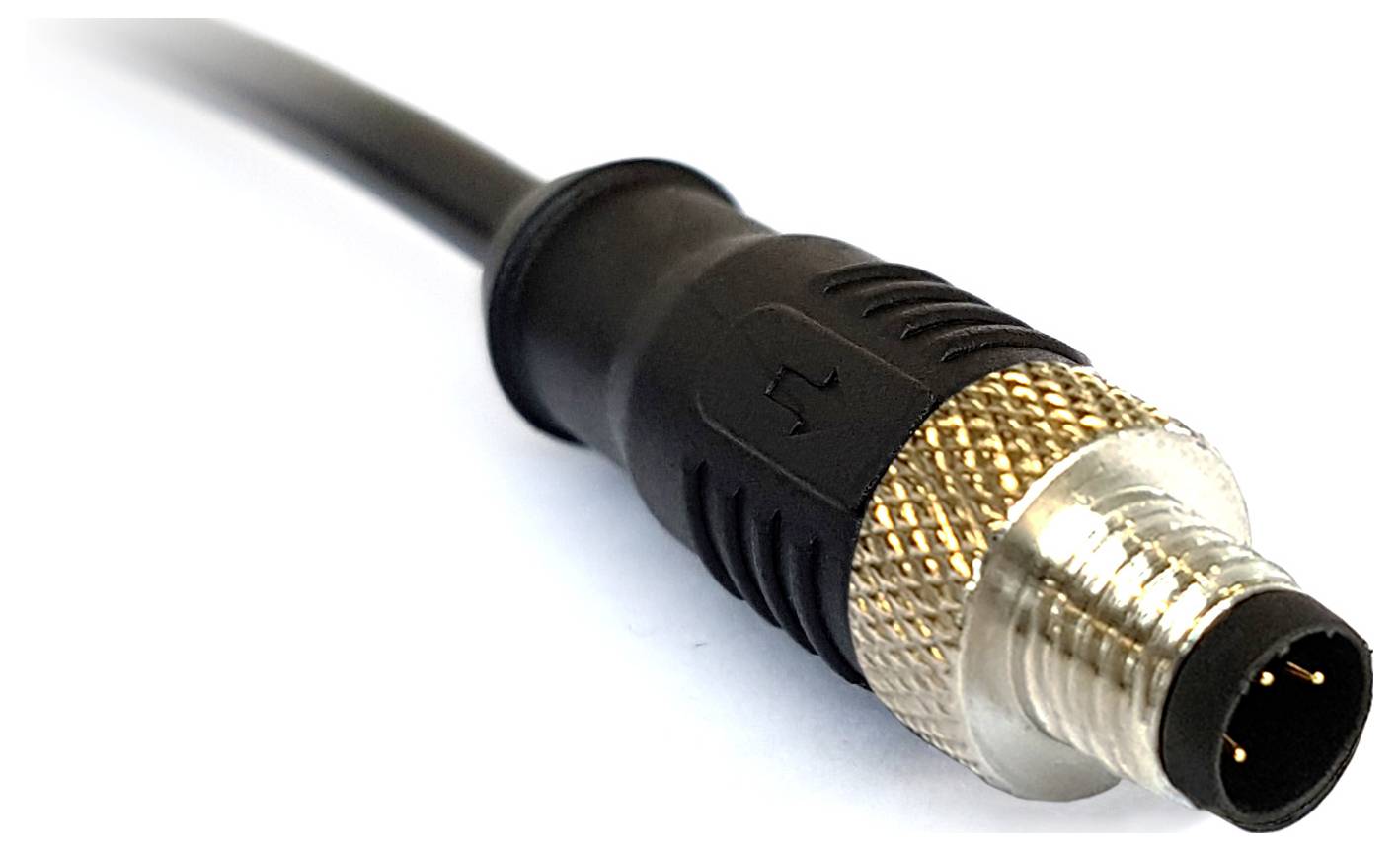 Eine Nahaufnahme eines M12-Rundsteckers mit schwarzem Kabel, mit einer Metallkuppelmutter und vier Buchsenkontakten, häufig in Industrieanwendungen verwendet.