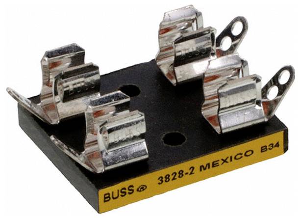 Ein Sicherungshalter mit zwei Metallklemmen zum Befestigen von Sicherungen, montiert auf einer schwarzen Basis mit der Aufschrift „Buss 3828-2 Mexico B34