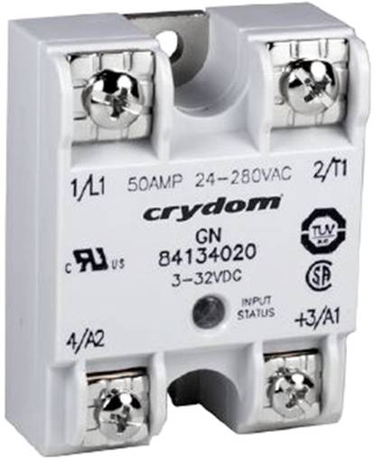 Halbleiterrelais, Crydom-Modell GN 84134020, mit Spannungsbereich 24-280VAC und Strombelastbarkeit 50 Ampere, mit Ein- und Ausgangsklemmen.