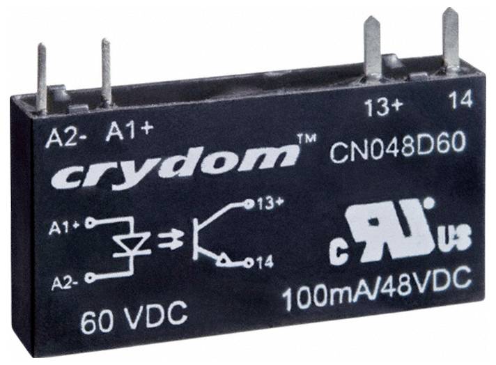 Festkörperrelais, Crydom CN048D60, Merkmale: 60 VDC, 100mA/48VDC. Anschlüsse mit den Bezeichnungen A2-, A1+, 13 und 14.