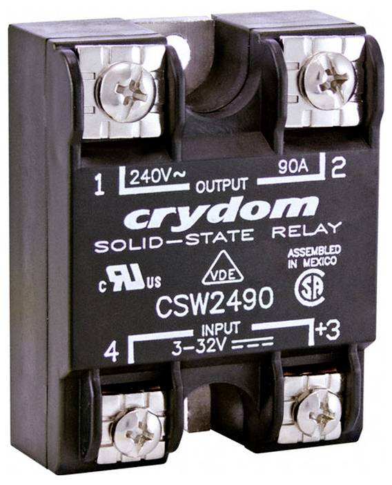 „Halbleiterrelais mit Bezeichnung Crydom CSW2490, 240V Ausgang, 90A, mit Anschlüssen für Ein- und Ausgangverbindungen.