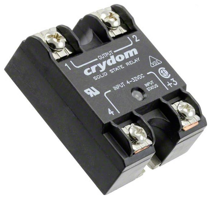 Eine Nahaufnahme eines Crydom-Halbleiterrelais, Modell SPF240D25. Das Etikett zeigt „240VAC/25A