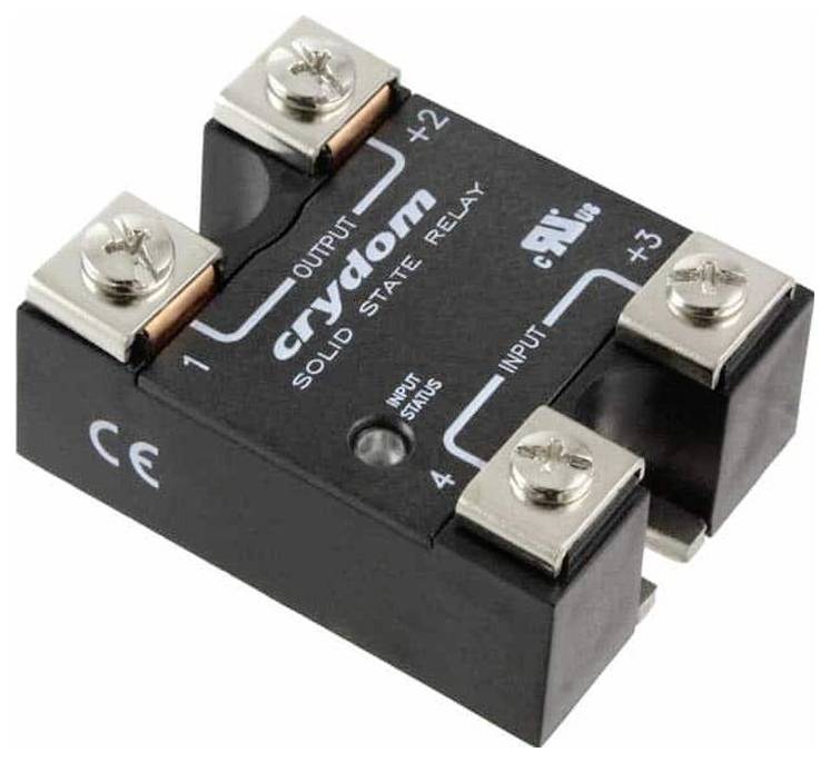 Halbleiterrelais mit beschrifteten Ein- und Ausgangsanschlüssen, mit schwarzem Gehäuse mit „crydom